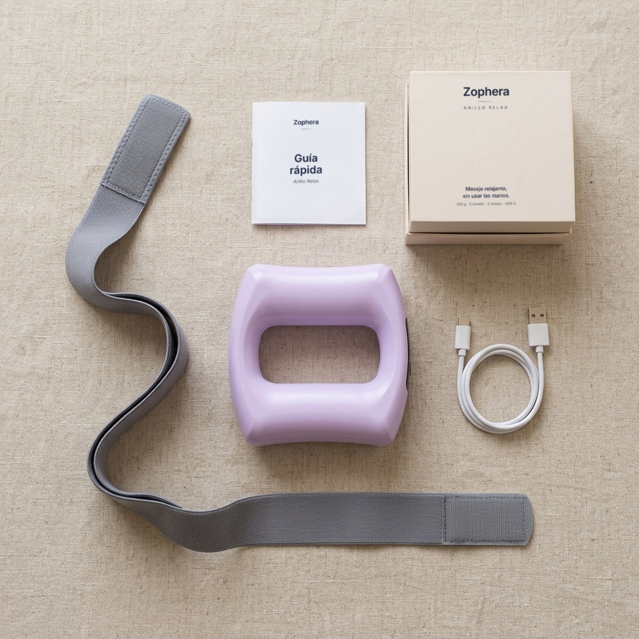 Contenido de la caja del Anillo Relax de Zophera: anillo, cinta ajustable, cable USB-C y guía rápida